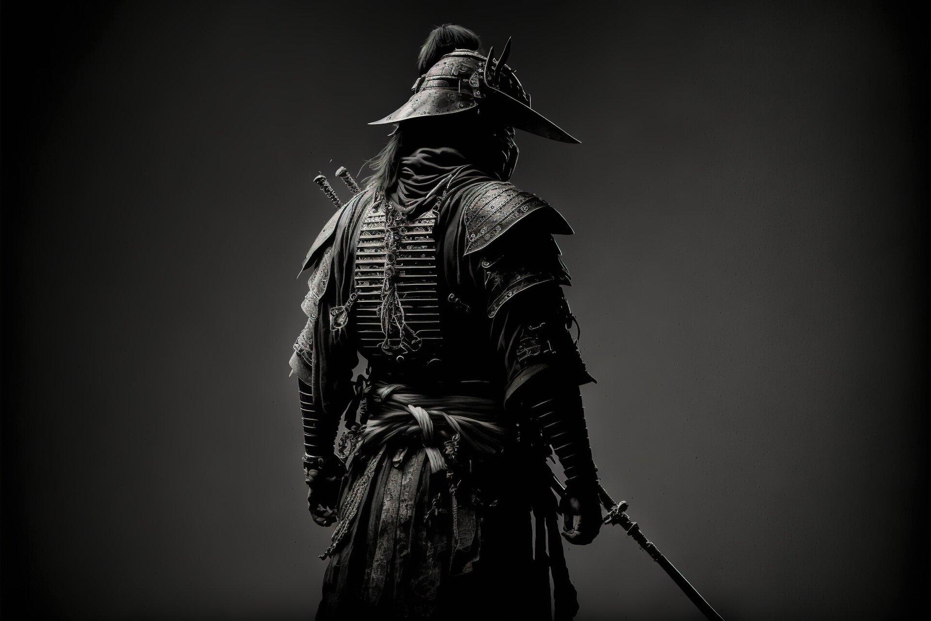 altertümlicher Samurai Kämpfer steht mit dem rücken zur Kamera
