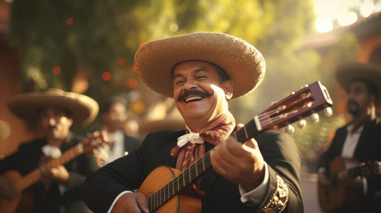 Fiesta auf den Straßen. Mariachi-Band in traditioneller Kleidung beim Musizieren in Mexiko. AI Generativ