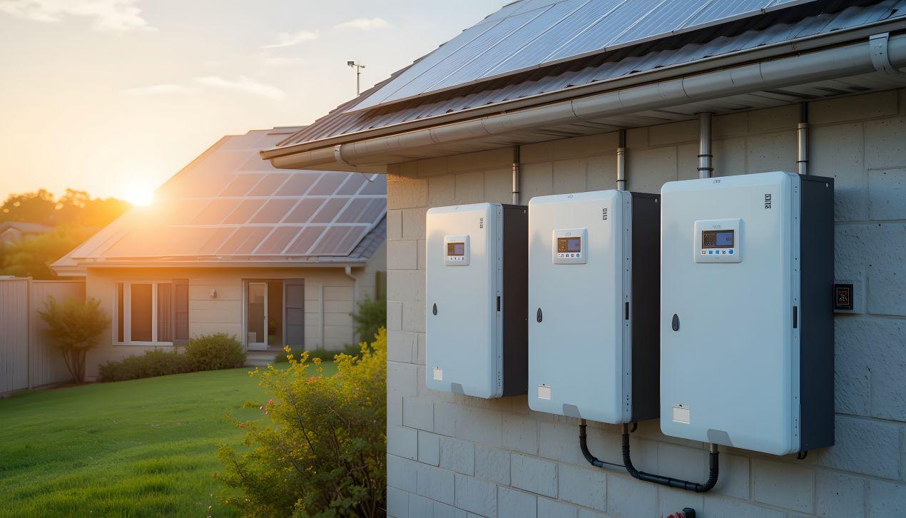Drei Fronius Symo Wechselrichter an der Hauswand, unterstützt von einer modernen Solaranlage im Sonnenuntergang