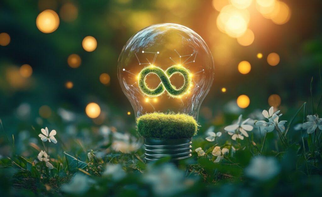 Glühbirne mit Moos und Unendlichkeitszeichen, symbolisiert nachhaltige Energie mit Fronius Symo in einem natürlichen Umfeld