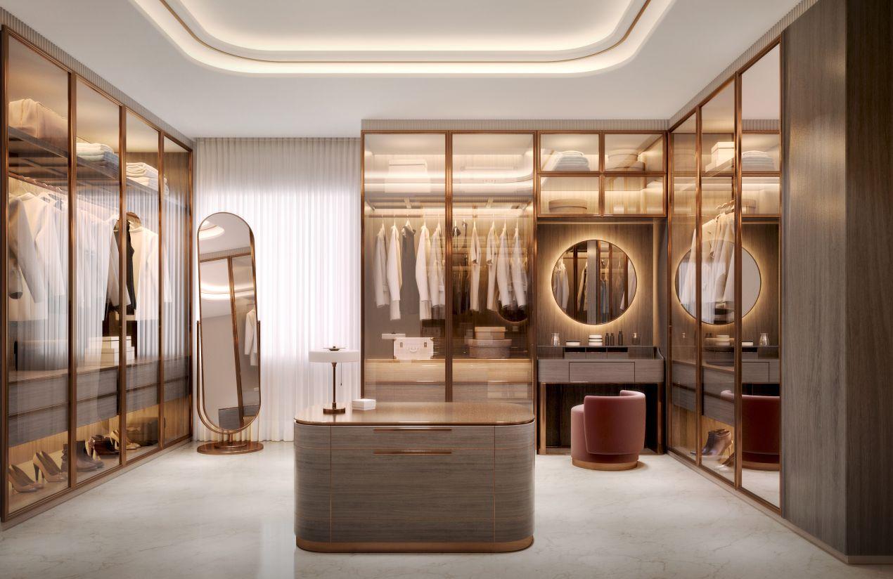 Eleganter begehbarer Eckkleiderschrank mit Glas und Holz zur optimalen Nutzung von Stauraum im Schlafzimmer