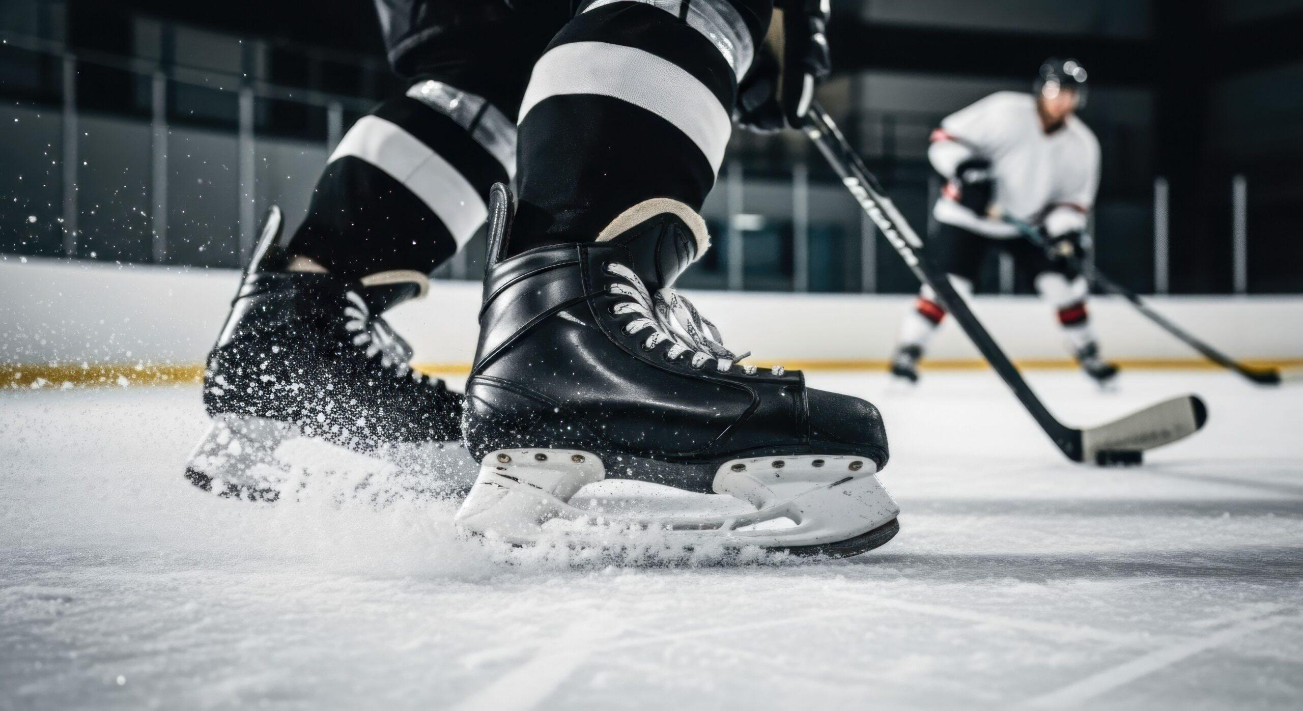 Eishockeyspieler bremst auf dem Eis mit Schlittschuhe Bauer – zeigt Kontrolle und Präzision in Spielsituation
