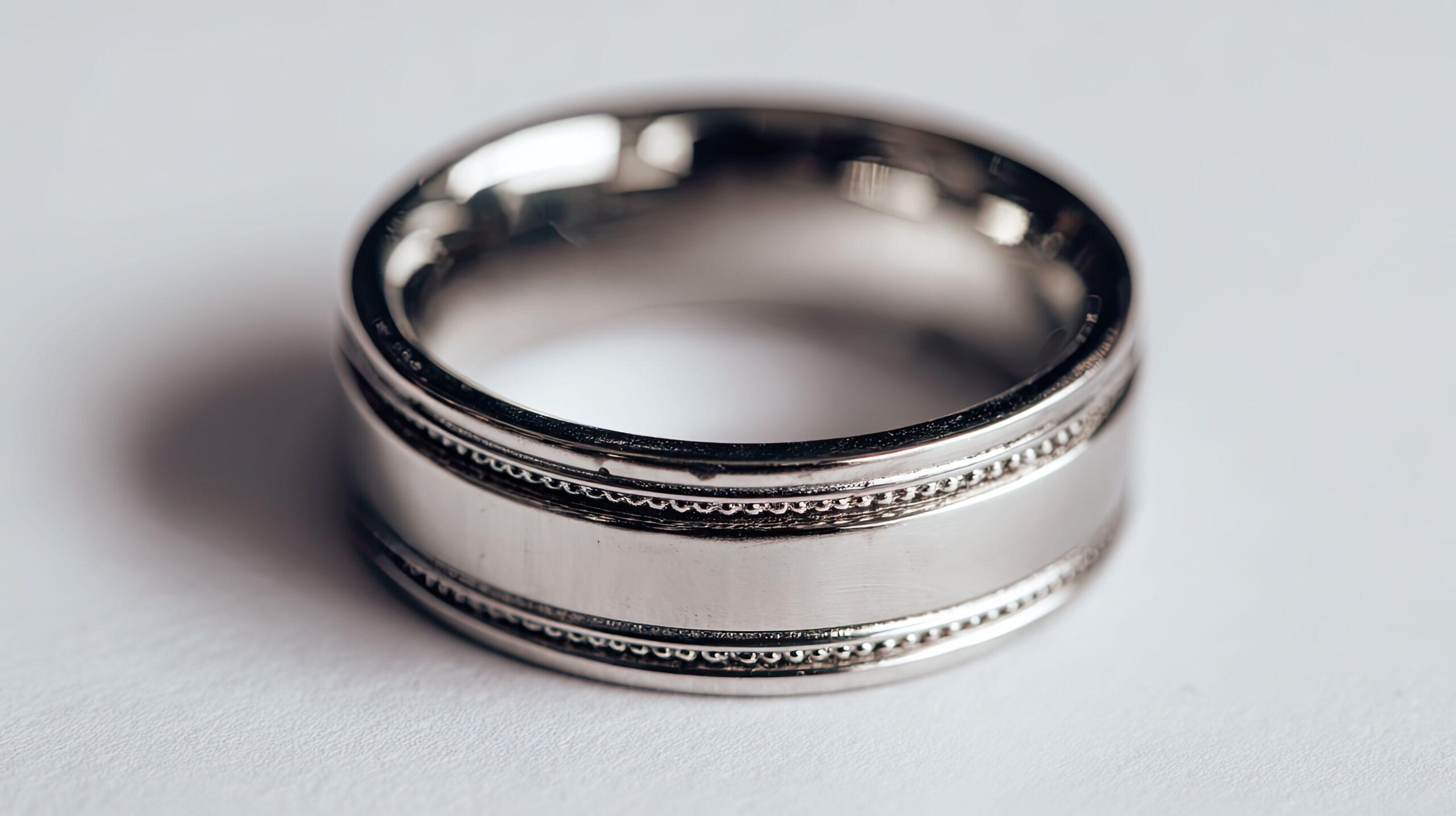 Ehering aus Silber mit glatter Oberfläche und feiner Randverzierung auf weißem Untergrund