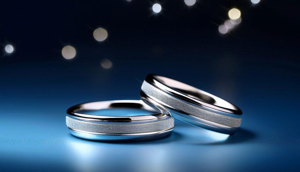 Zwei Eheringe aus Silber mit schlichter, moderner Form auf blauem Hintergrund