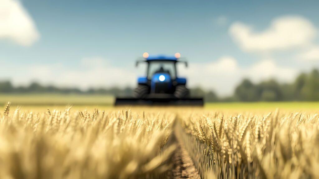 Verschwommener Traktor im Hintergrund mit goldenem Weizenfeld im Vordergrund – stimmungsvolles Bild zum Thema hydraulische Gerätebetätigung