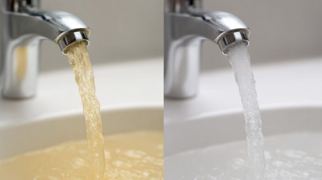 Wasserhahn mit trübem und klarem Wasser | Enthärtungsanlage