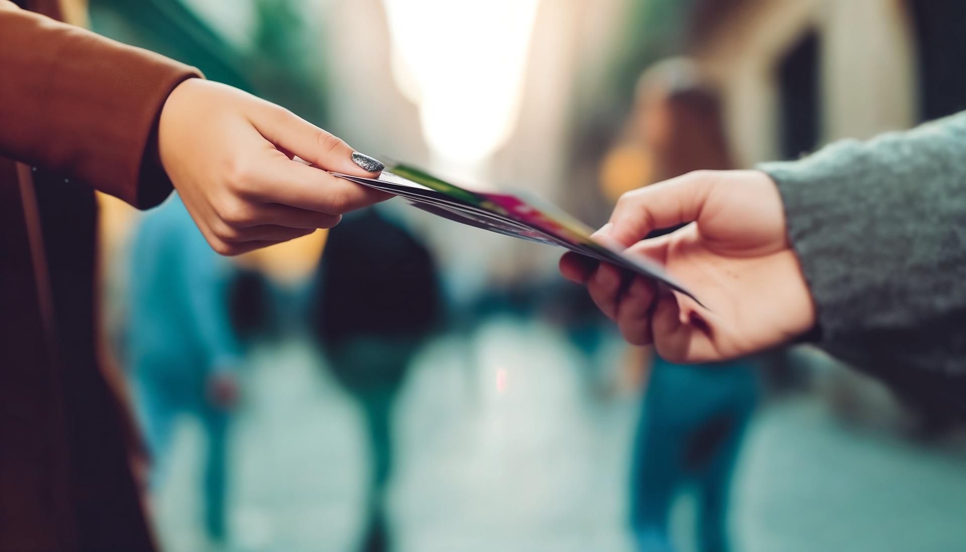 Flyer wird auf der Straße überreicht | Tischprospekthalter